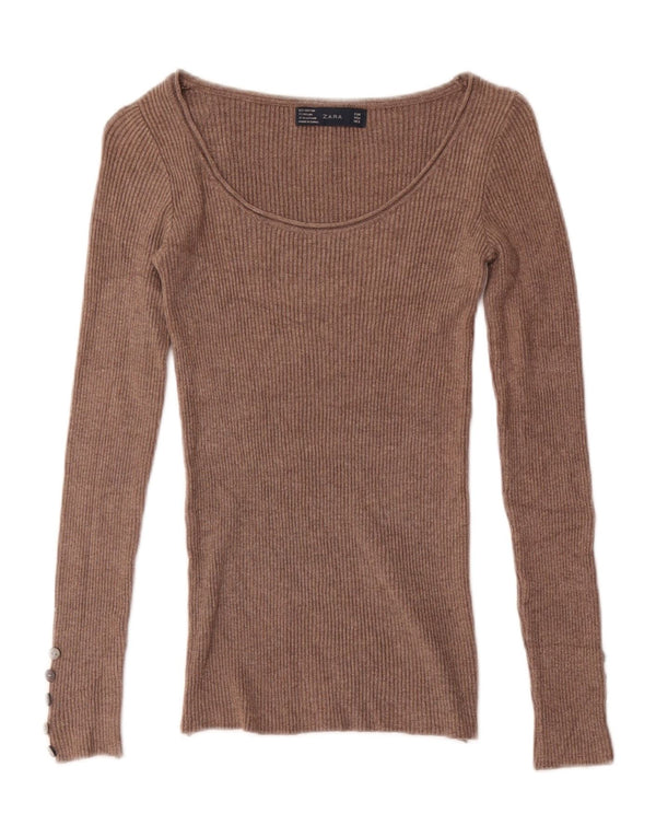 Damski top Zara z długim rękawem UK 4 XS, brązowa bawełna