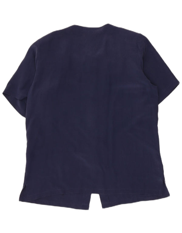Vintage Womens Short Sleeve Shirt Blouse IT 48 XL Navy Blue Silk