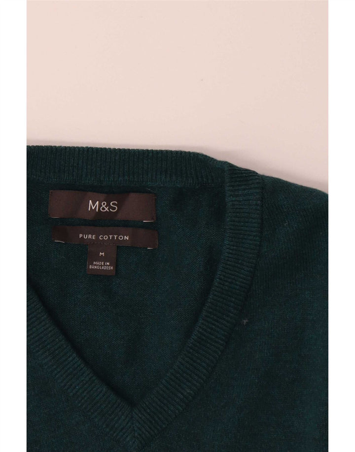 Marks & Spencer Męski sweter z dekoltem w kształcie litery V, średnio zielony, bawełniany