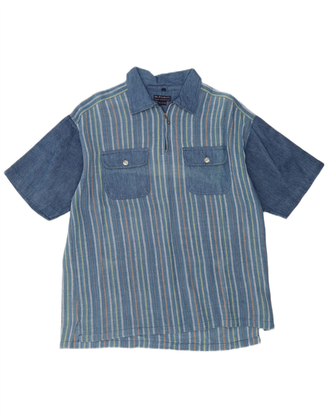 VINTAGE Męska koszula pulowerowa o luźnym kroju z krótkim rękawem, w średnie niebieskie paski