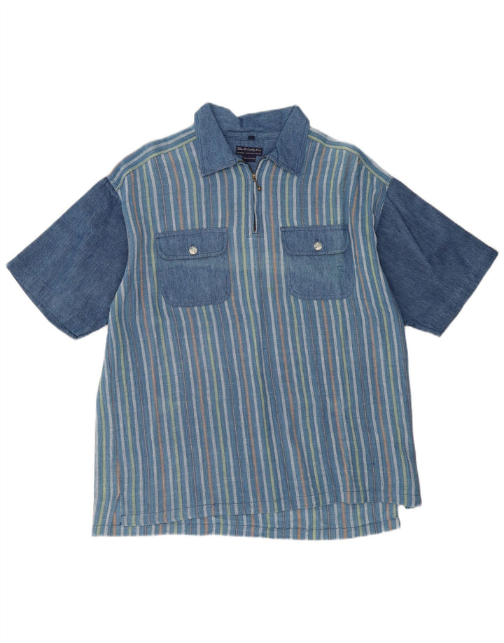 VINTAGE Męska koszula pulowerowa o luźnym kroju z krótkim rękawem, w średnie niebieskie paski