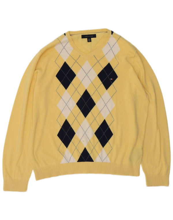 TOMMY HILFIGER Męski sweter z dekoltem w kształcie litery V, duży, żółty Argyle/Diament
