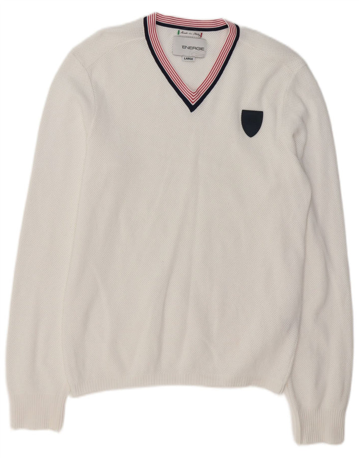ENERGIE Mens V-Neck Jumper Sweater Large White Polyethylene