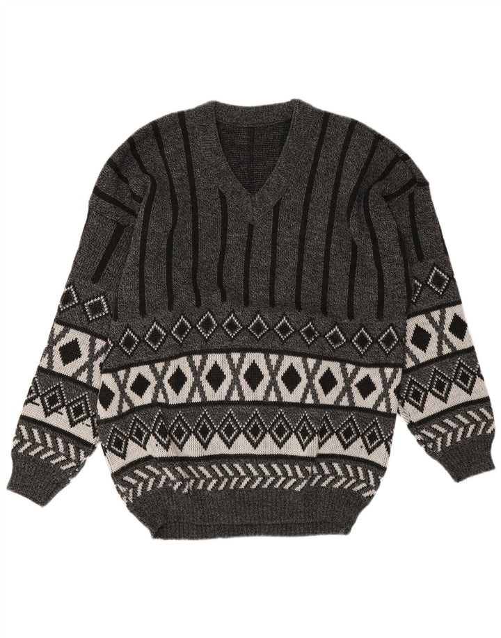 Męski sweter w stylu vintage z dekoltem w szpic, średnio szary Argyle/Diament