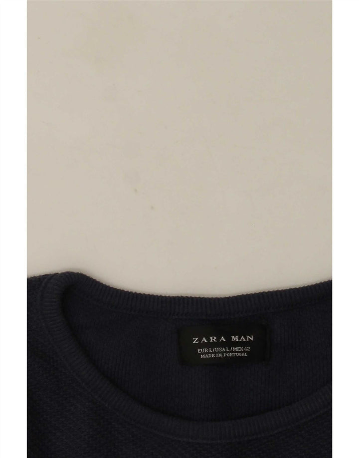 Męski sweter Zara z okrągłym dekoltem, duży, granatowy