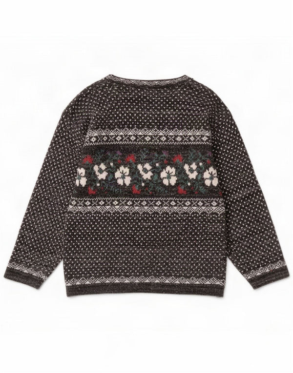 Vintage damski sweter z dekoltem w łódkę UK 14 średni szary w kwiaty, bawełna