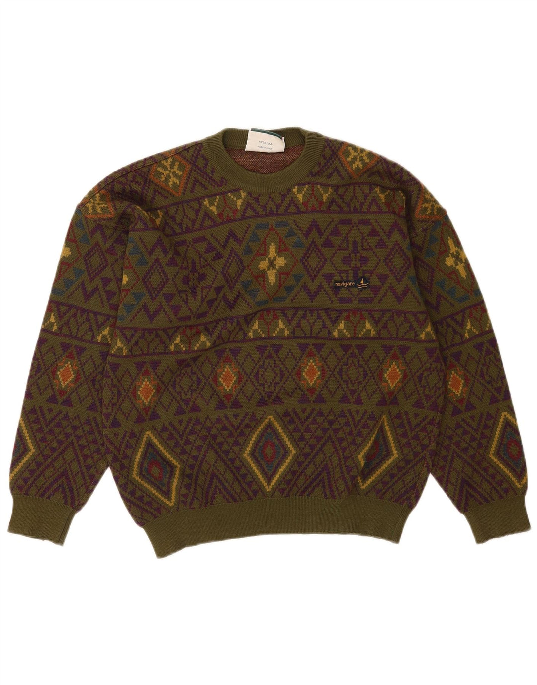 Męski sweter Navigare z okrągłym dekoltem, średni khaki, geometryczna wełna