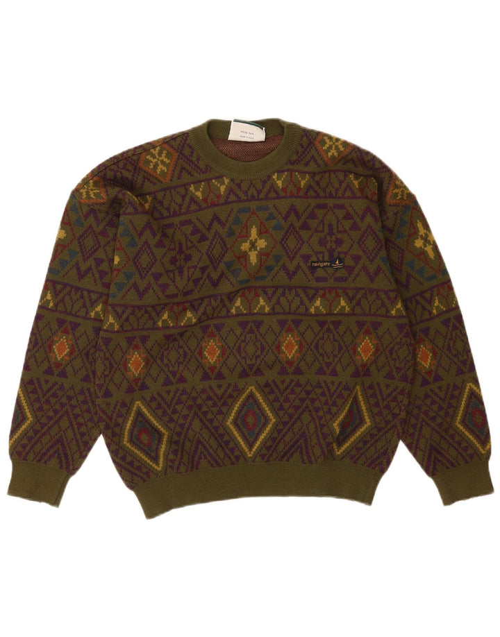 Męski sweter Navigare z okrągłym dekoltem, średni khaki, geometryczna wełna