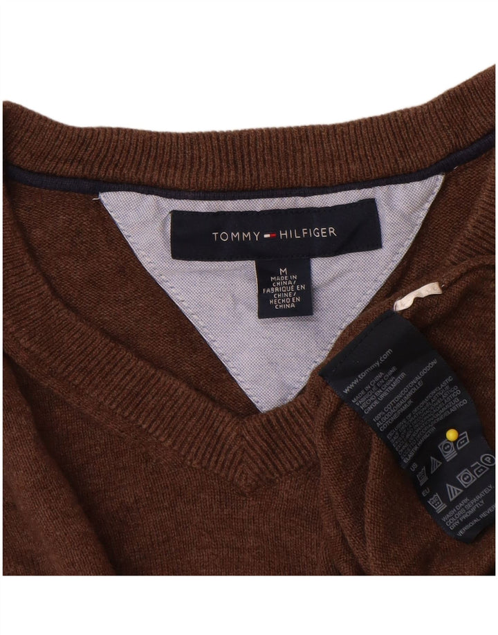 Męski sweter Tommy Hilfiger z dekoltem w kształcie litery V, średniobrązowy, bawełniany