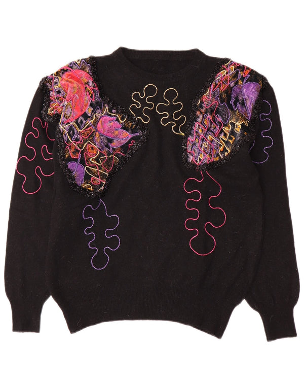 Vintage damski sweter z abstrakcyjnym wzorem i okrągłym dekoltem UK 14, średni czarny