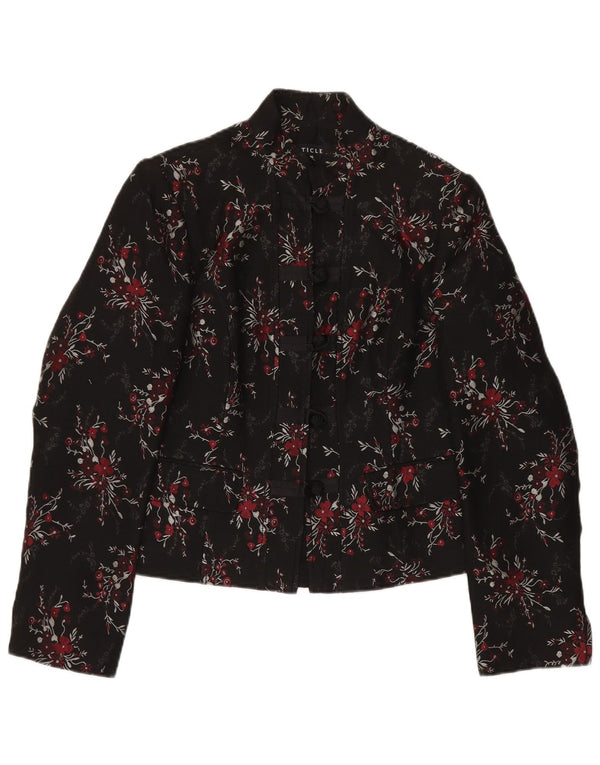 Vintage damska marynarka zapinana na 5 guzików UK 14, duża, czarna, z kwiatowym octanem