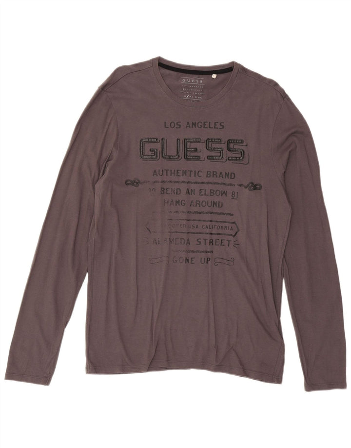 Męski T-shirt Guess z długim rękawem i grafiką, mały, szary, bawełniany