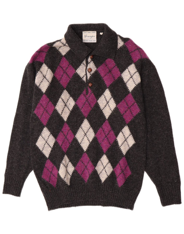 Męski sweter w stylu vintage, duży, szary, wykonany z tkaniny argyle/diamentowej wełny dziewiczej