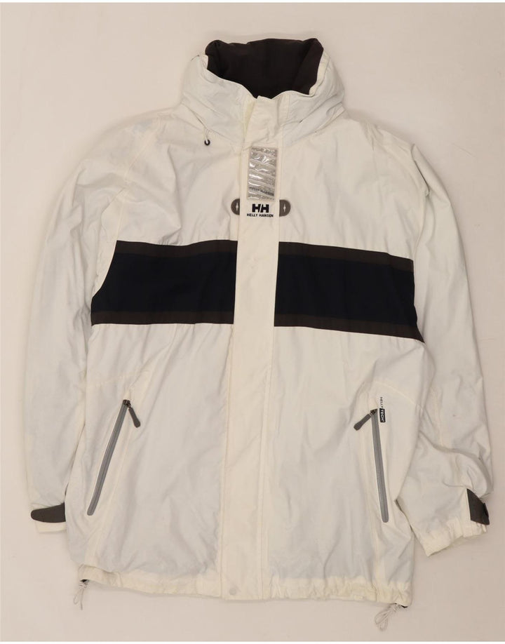 Męska kurtka przeciwdeszczowa z kapturem Helly Hansen UK 40, duża, biała, z blokami kolorów
