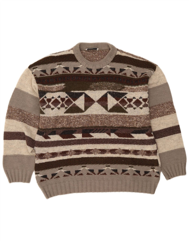 Męski sweter z okrągłym dekoltem w stylu vintage IT 50 Średni brązowy geometryczny