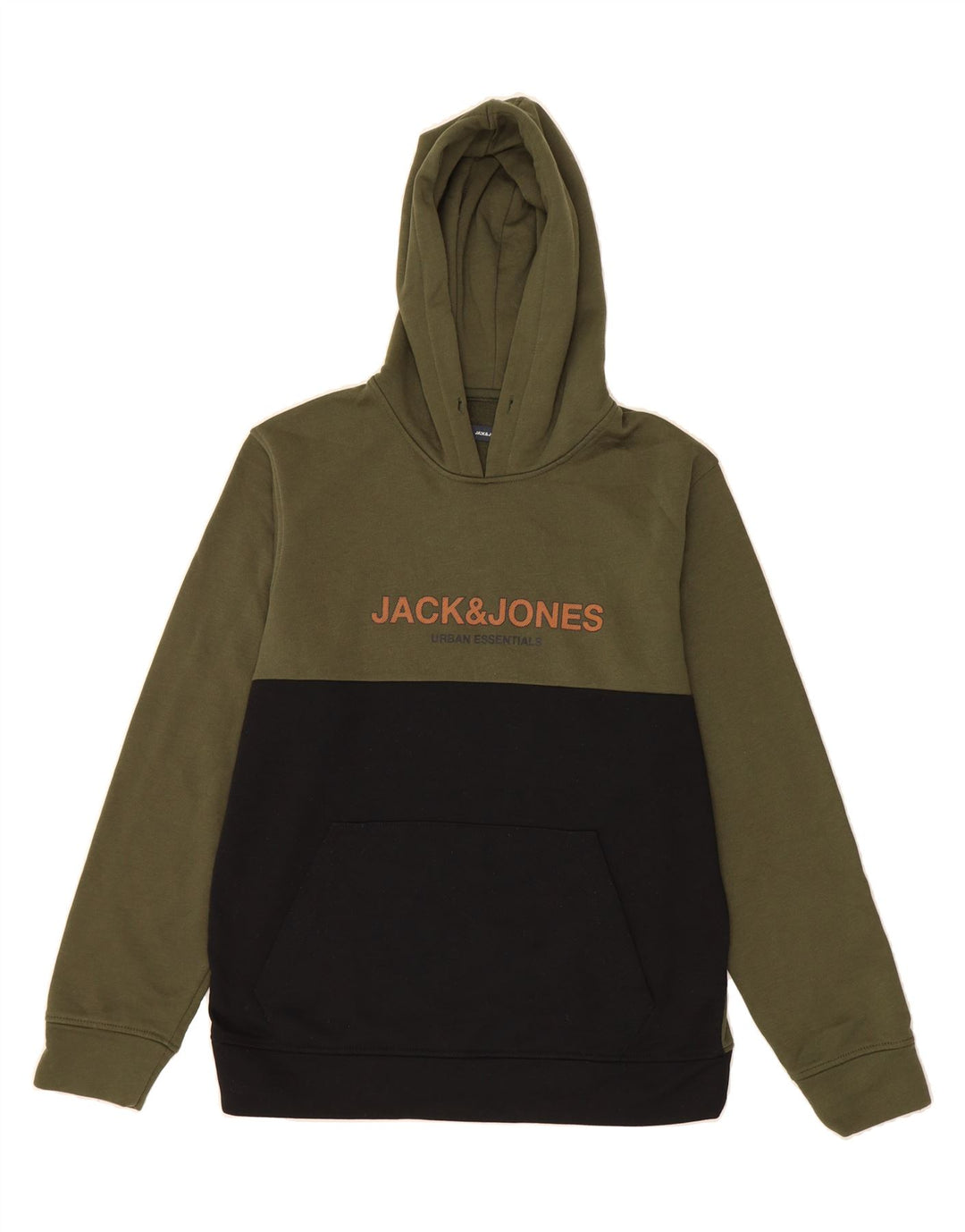 JACK & JONES Mens Graphic Hoodie Jumper Large Khaki Colourblock Polyester Vintage Jack & Jones and Second-Hand Jack & Jones from Messina Hembry 