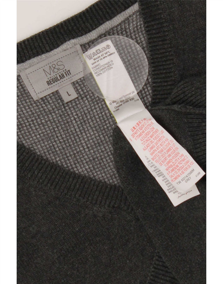 Marks & Spencer Męski sweter o regularnym kroju z dekoltem w kształcie litery V, duży, szary, bawełniany