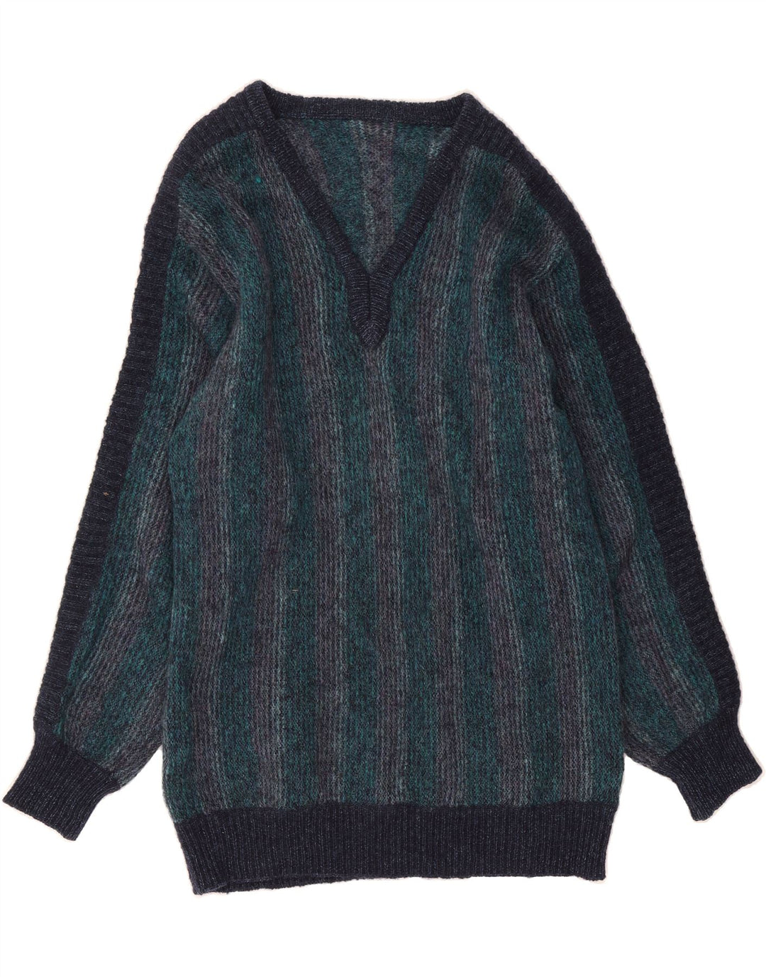 VINTAGE Mens V-Neck Jumper Sweater Medium Navy Blue Pinstripe Wool Vintage Vintage and Second-Hand Vintage from Messina Hembry 