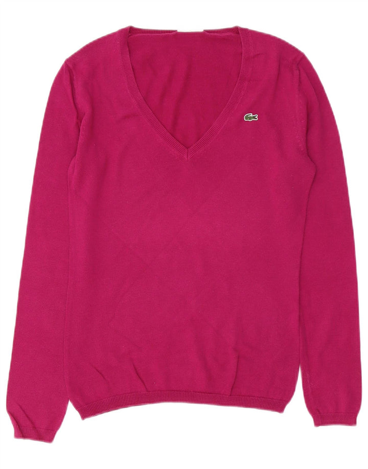 Lacoste Damski sweter z dekoltem w kształcie litery V, rozmiar 34, mały, różowy, bawełniany