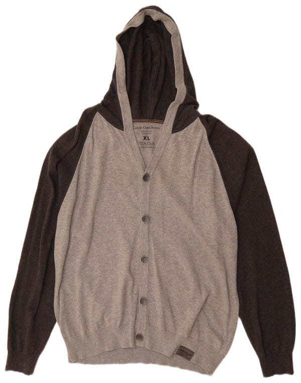 CALVIN KLEIN JEANS Męski sweter rozpinany z kapturem XL, szara, bawełniana w bloki kolorów