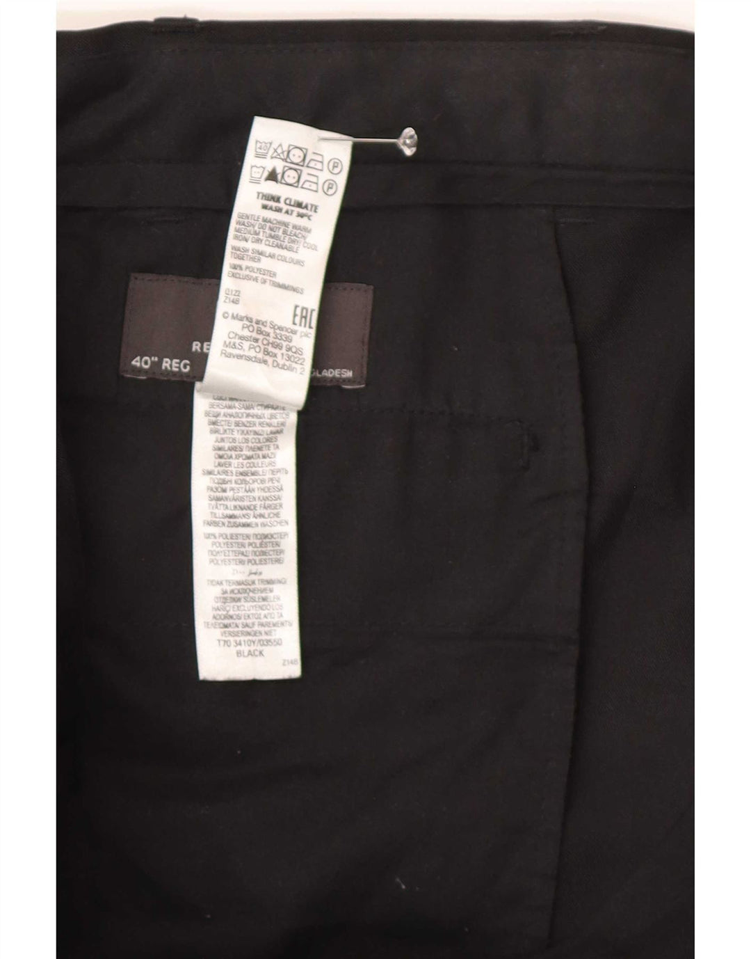 Męskie spodnie garniturowe Marks & Spencer o prostym kroju i regularnym kroju W40 L30 czarne