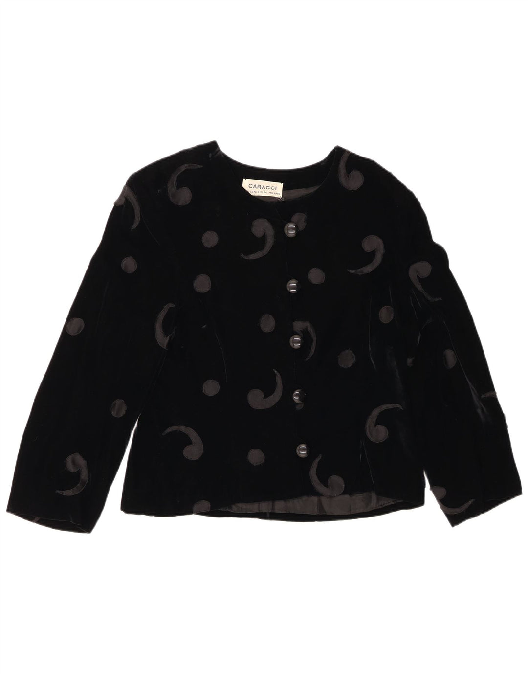 VINTAGE Damska marynarka zapinana na 5 guzików, aksamitna marynarka UK 12, średnia czarna Paisley