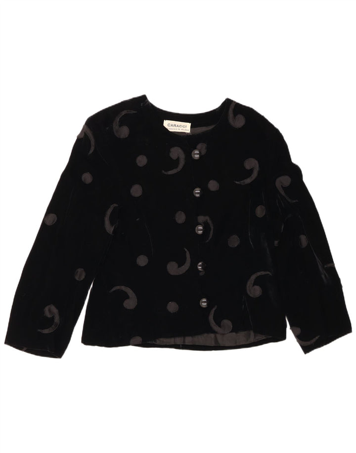 VINTAGE Damska marynarka zapinana na 5 guzików, aksamitna marynarka UK 12, średnia czarna Paisley