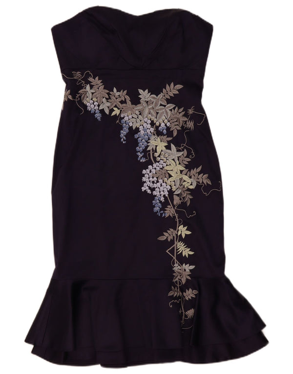Karen Millen Womens Strapless Dress UK 10 Small Purple Floral Silk