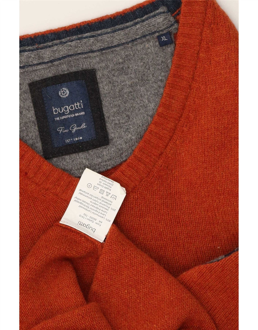 Bugatti Męski sweter z dekoltem w kształcie litery V, XL, Pomarańczowa wełna owcza