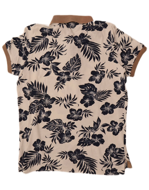 BENETTON Mens Muscle Fit Polo Shirt Large White Floral Cotton
