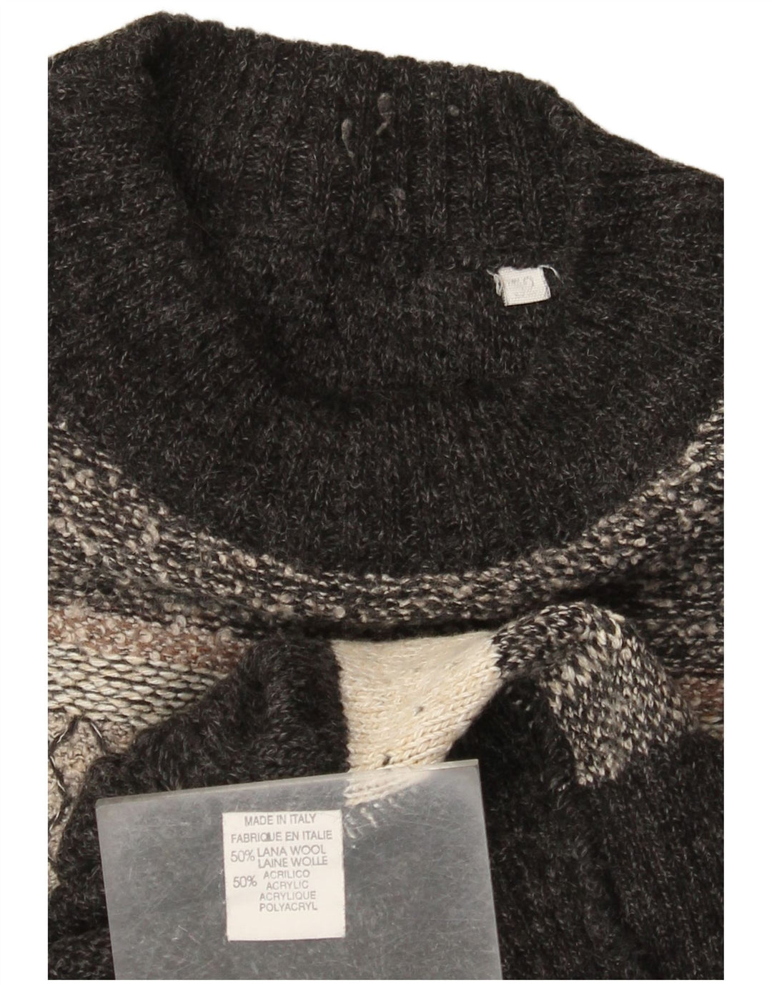 Vintage męski sweter z okrągłym dekoltem IT 52, duża, szara wełna z blokami kolorów