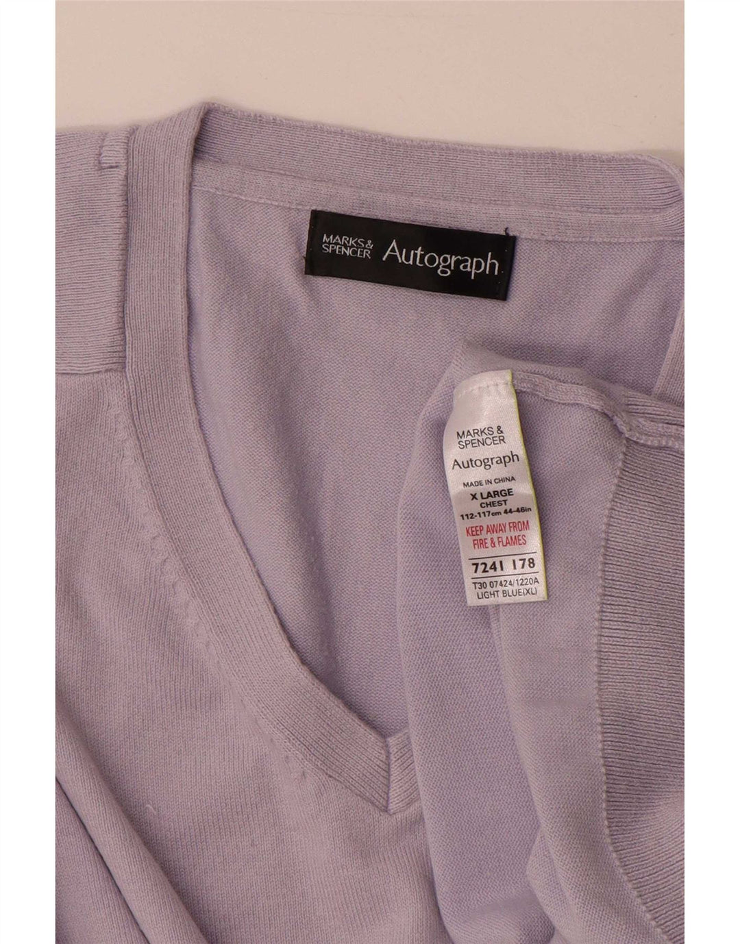Marks & Spencer Męski sweter z dekoltem w kształcie litery V, z autografem, XL, niebieski, bawełniany