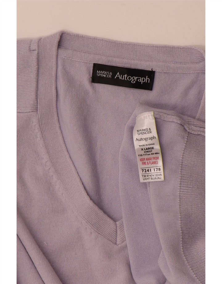 Marks & Spencer Męski sweter z dekoltem w kształcie litery V, z autografem, XL, niebieski, bawełniany