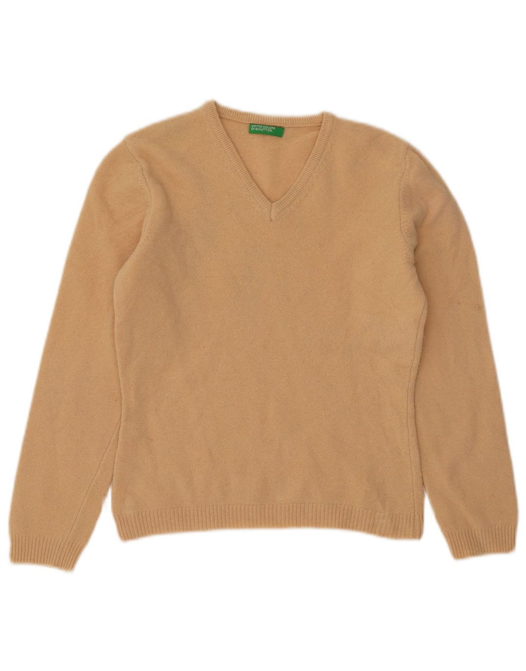 BENETTON Damski sweter z dekoltem w kształcie litery V, UK 12, średni beż, wełna
