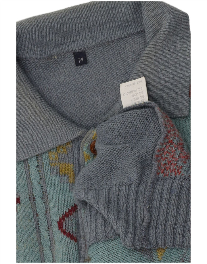 Męski sweter z dekoltem w stylu vintage, średnioszary, geometryczny, wełniany alpaka