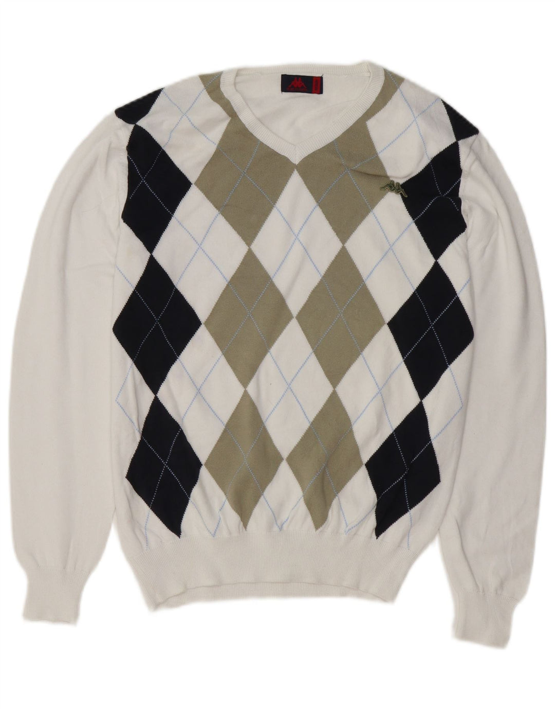 Sweter damski Kappa z dekoltem w kształcie litery V, UK 14, średni biały, argyle/diamentowa bawełna
