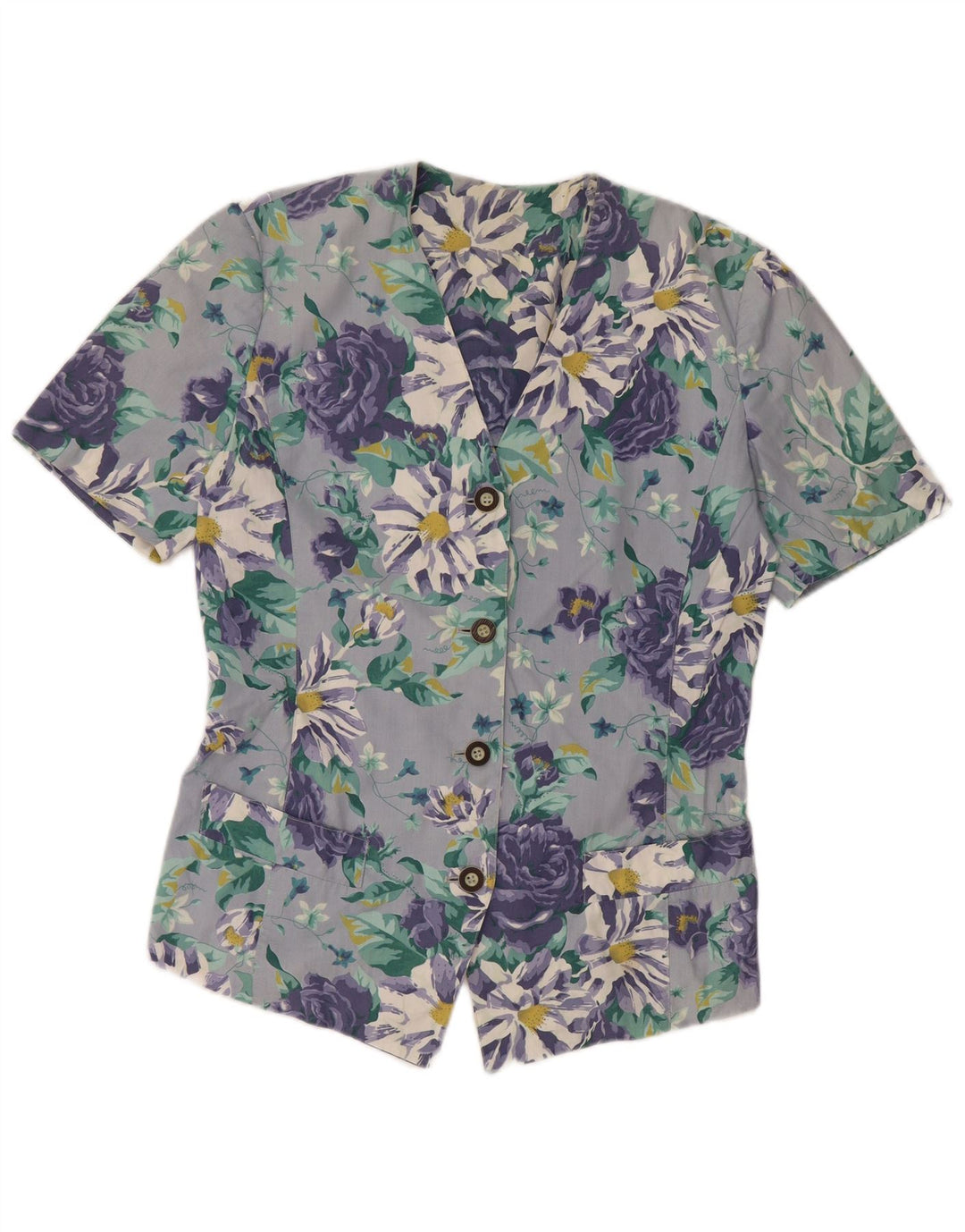 Bluzka damska VINTAGE z krótkim rękawem UK 14, duża niebieska w kwiaty