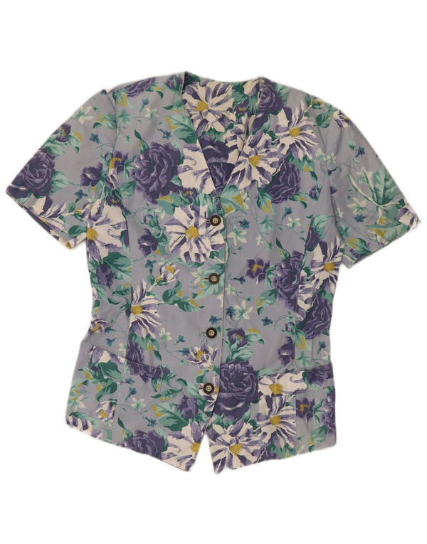 Bluzka damska VINTAGE z krótkim rękawem UK 14, duża niebieska w kwiaty