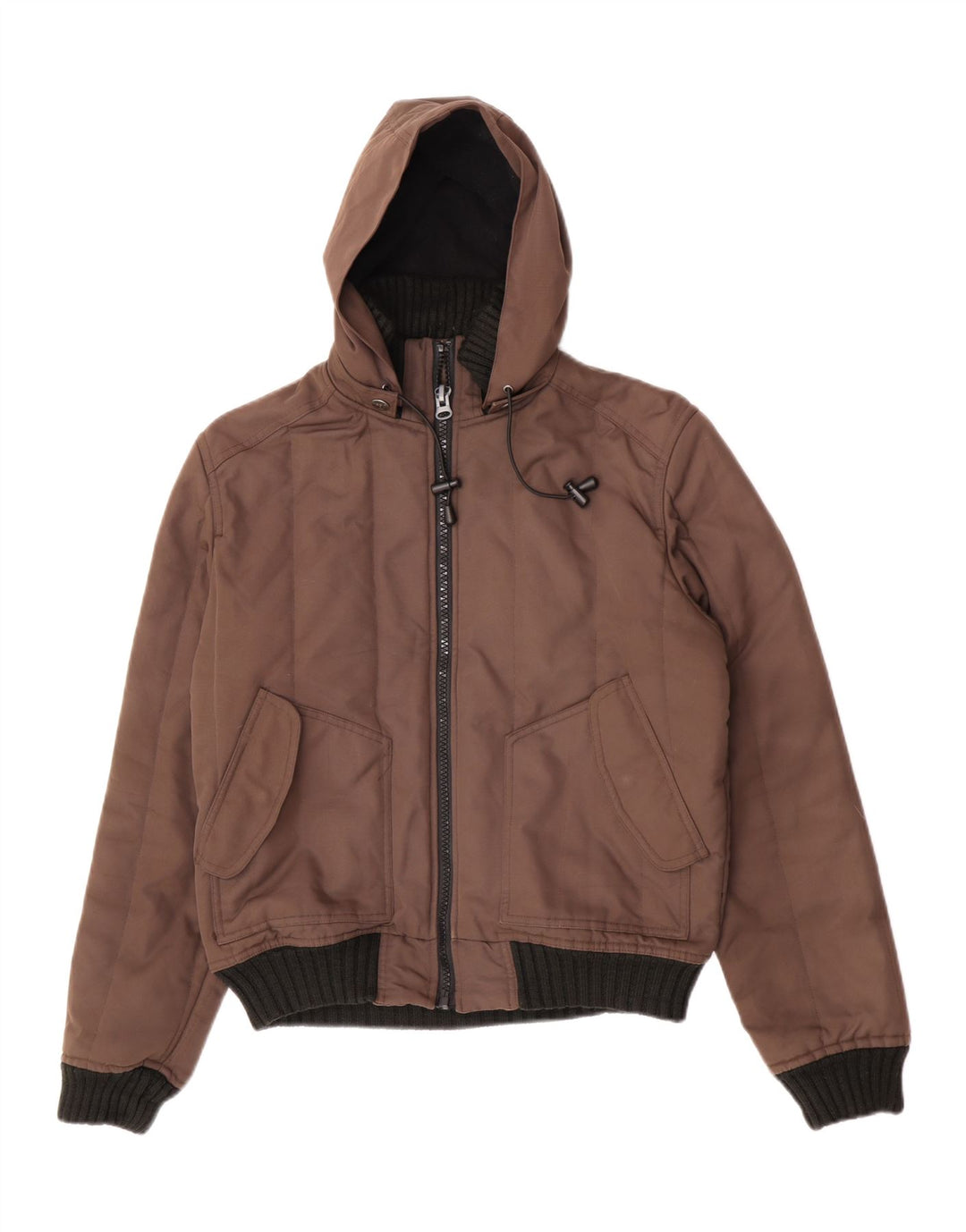 Męska kurtka bomber z kapturem w stylu vintage, UK 38, poliester w kolorze średniego brązu