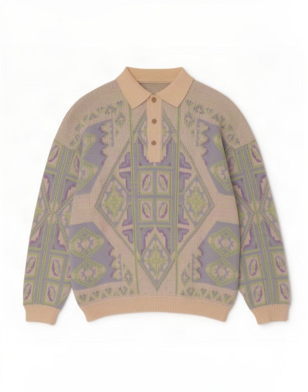 Męski sweter z dekoltem w stylu vintage, duży, beżowy, geometryczny, wełniany