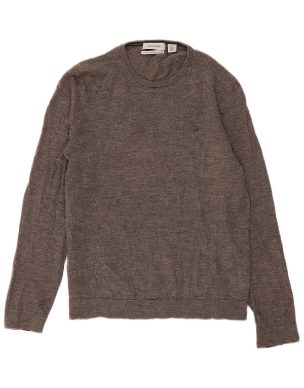 Męski sweter Calvin Klein z okrągłym dekoltem, średnioszary, nakrapiany, z wełny merynosów