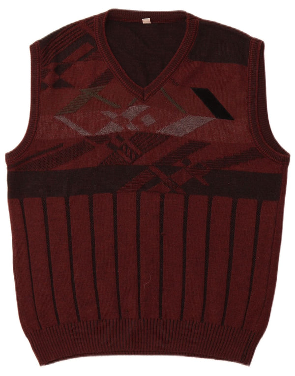 Tank top męski w stylu VINTAGE UK 42, duży, bordowy, geometryczny, nowy wełniany