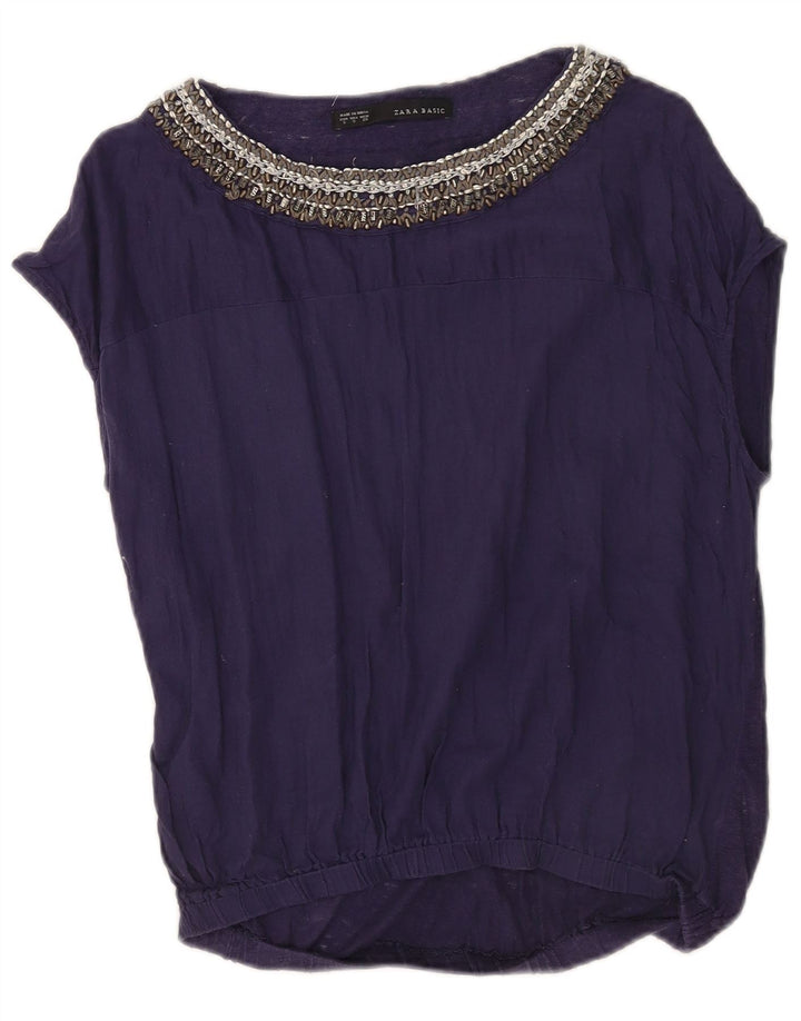 Damska bluzka oversize bez rękawów Zara Top UK 10, mała, granatowa, lniana