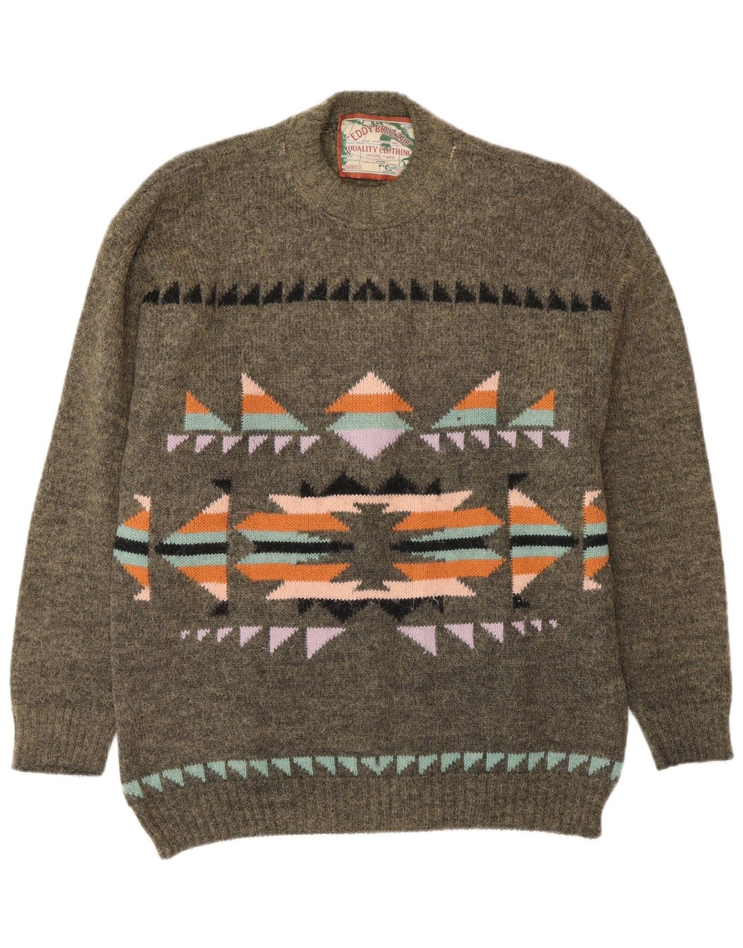 Vintage męski sweter z okrągłym dekoltem, średni khaki Fair Isle