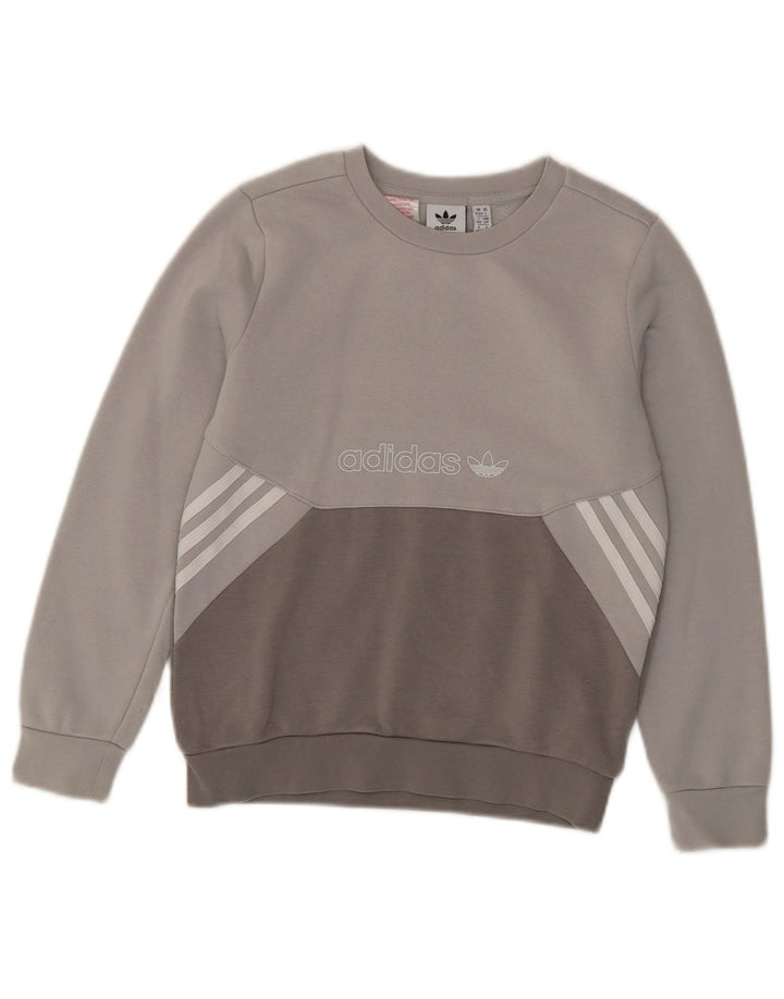 Bluza chłopięca ADIDAS z grafiką, 9-10 lat, szara, bawełniana w bloki kolorów