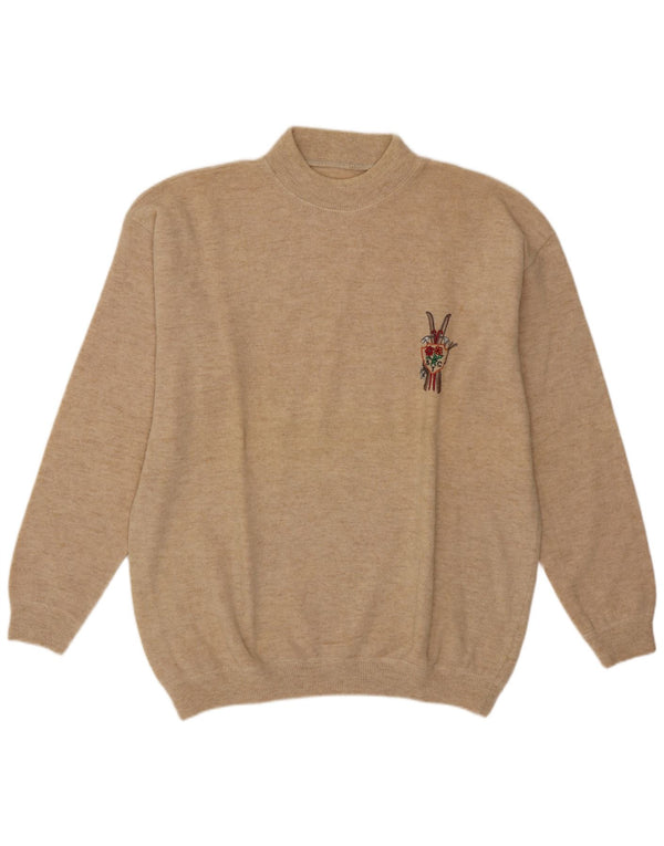 Sweter damski w stylu vintage z golfem UK 18 XL Beżowa wełna owcza