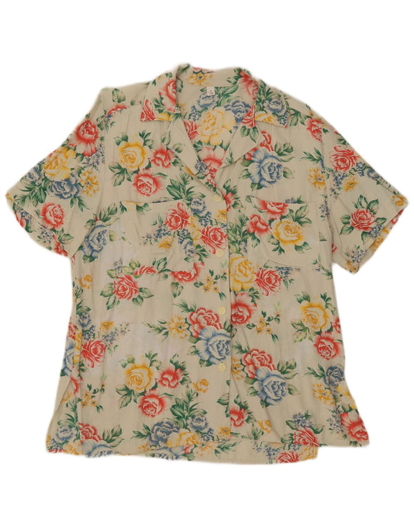 Vintage damska bluzka oversize z krótkim rękawem UK 10, mała, beżowa, w kwiaty