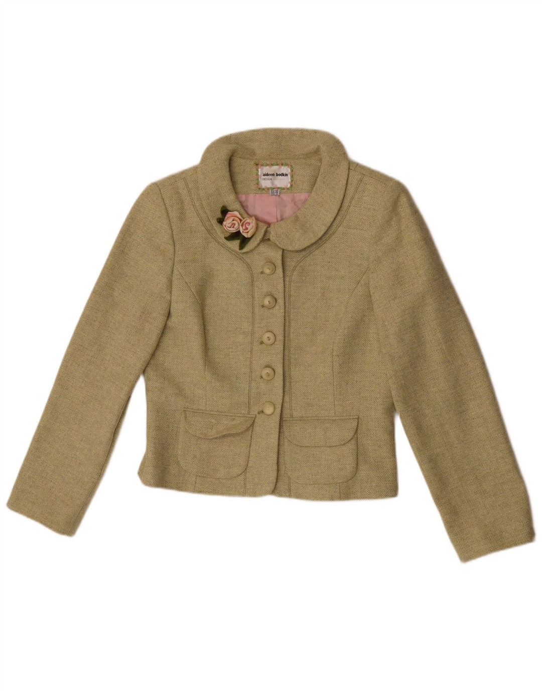 Damska marynarka zapinana na 5 guzików Aideen Bodkin UK 14, duża, zielona wełna