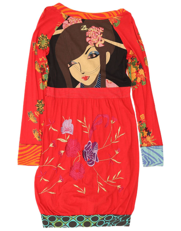 Desigual damska graficzna sukienka bąbelkowa z długim rękawem UK 18 XL czerwona bawełniana w kwiaty