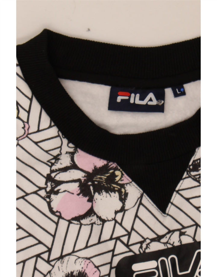 FILA Womens Crop Sweatshirt Jumper UK 16 Large White Floral Polyester Vintage Fila and Second-Hand Fila from Messina Hembry 